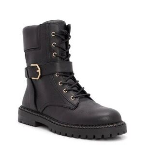 Vince Camuto Repla Black Leather Combat Boots with Gold Buckle